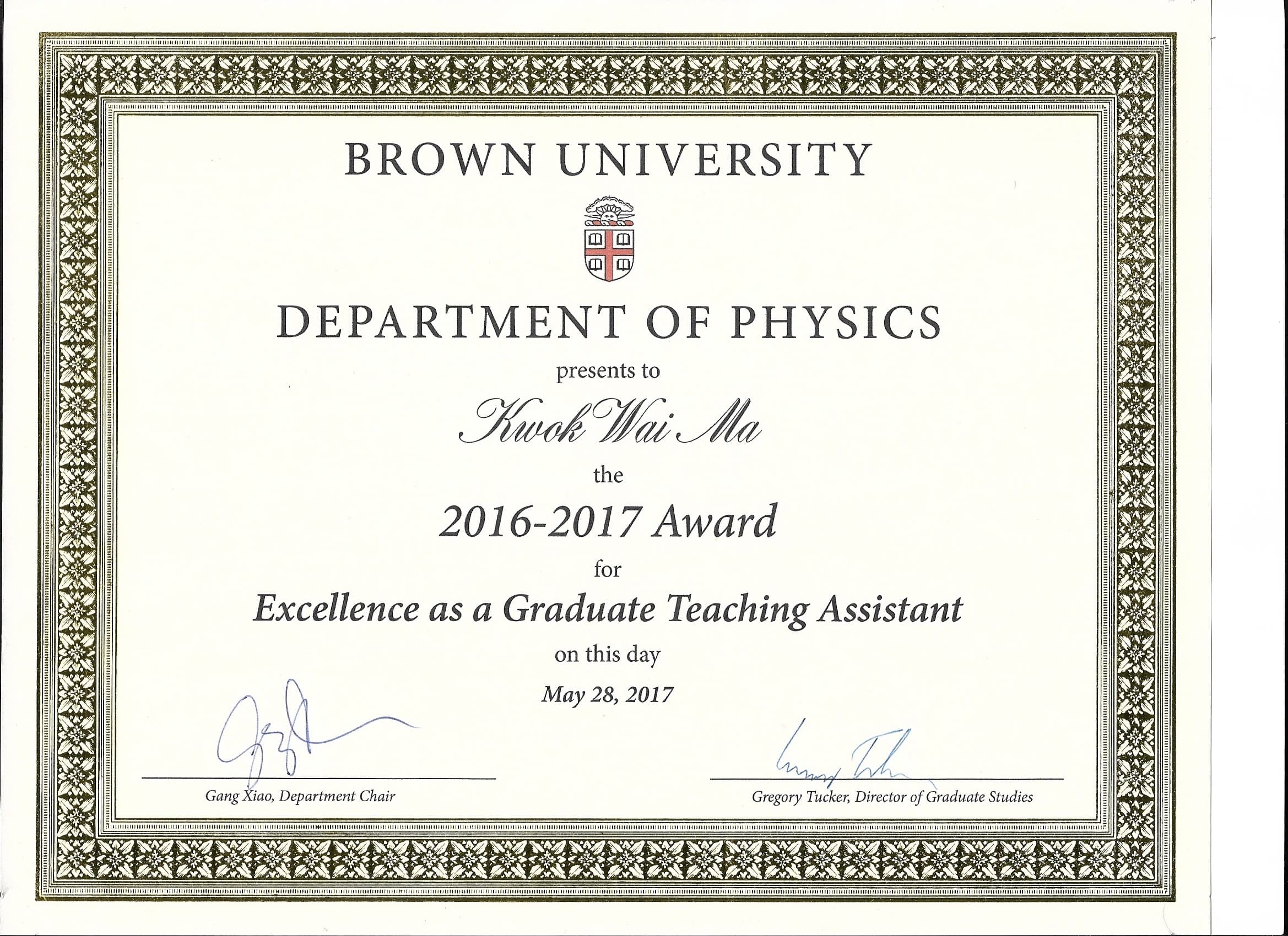 TA Award Certificate