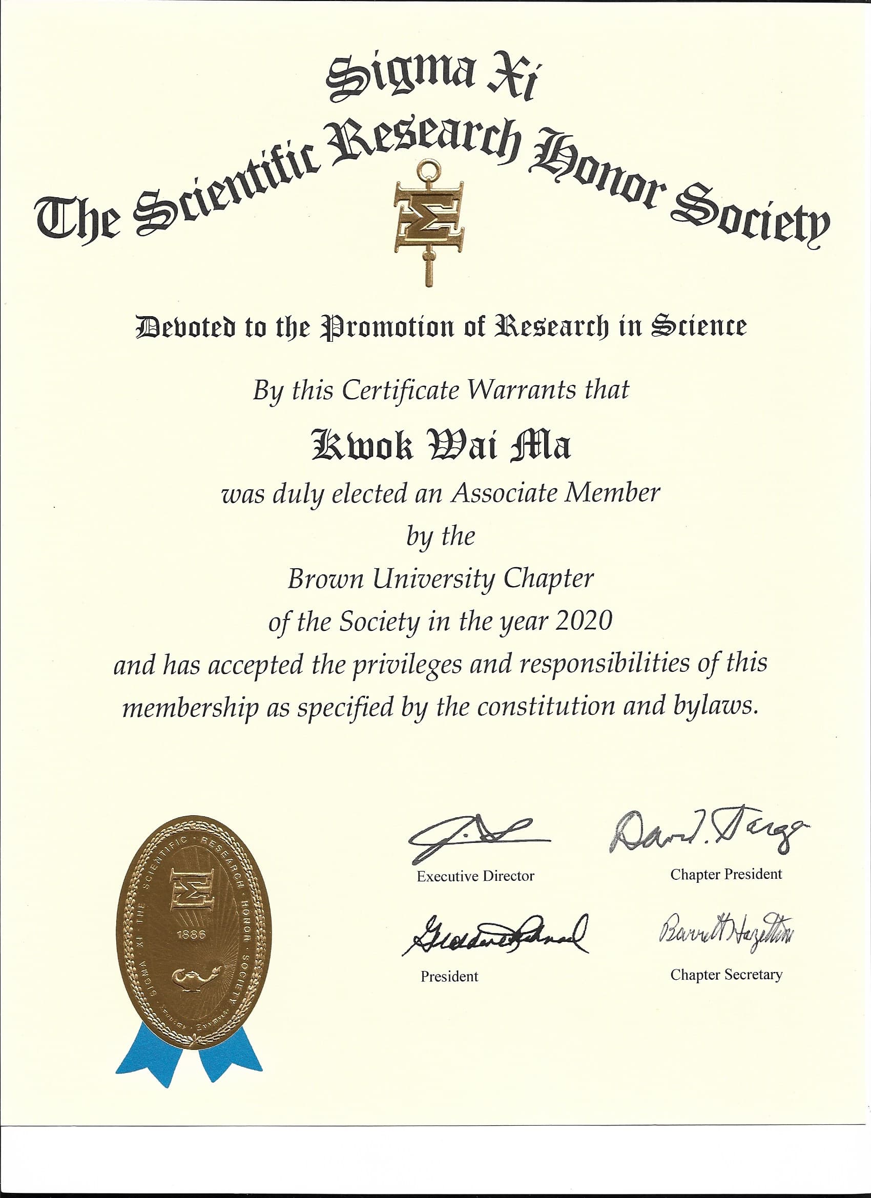 Sigma Xi Certificate